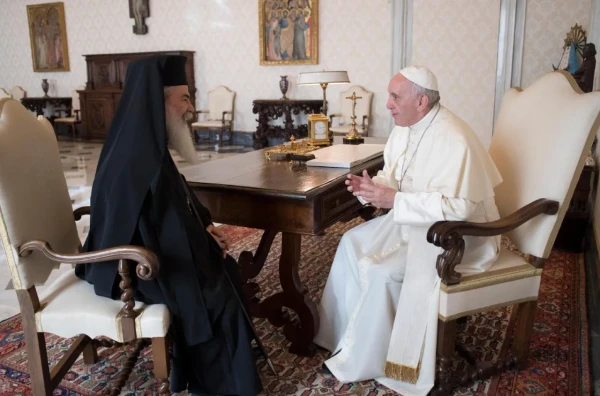 Pope Francis meets Greek Orthodox Patriarch Theophilos III in the Apostolic Palace. Credit: Vatican Media