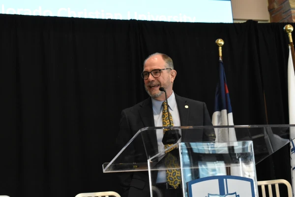 Colorado Christian University President Eric Hogue gives the opening address at the 2025 Christian Institutional Investors conference in Lakewood, Colorado, on April 3, 2025. Credit: Kate Quiñones/CNA