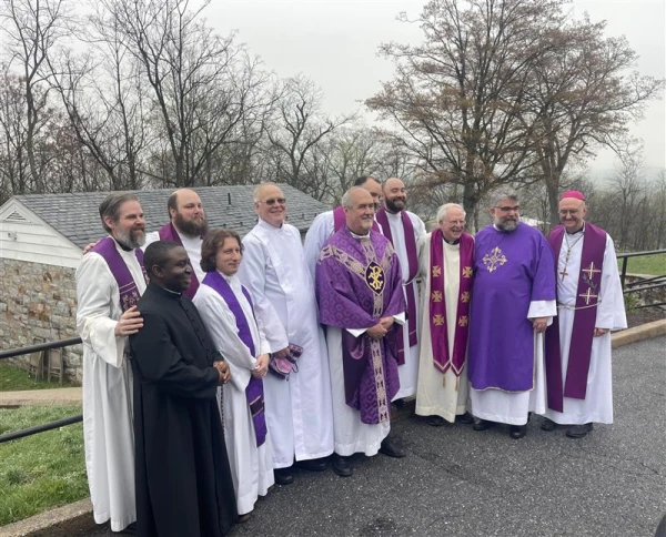 Father Mike Depcik (center) is flanked by by other clergy who participated in the first Deaf Catholic Eucharistic Congress April 4-6, 2025, at the National Shrine of St. Elizabeth Ann Seton in Emmitsburg, Maryland. Credit: Kathleen Rosing