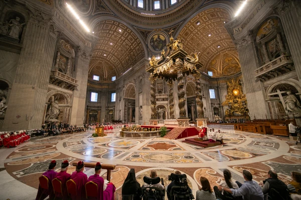 Cardinals celebrate Mass on Day 3 of the Novendiales Masses for Pope Francis on April 28, 2025, in St. Peter’s Basilica at the Vatican. Credit: Daniel Ibañez/CNA