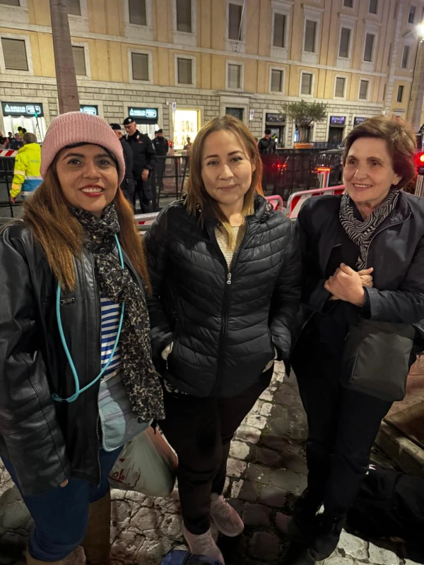 Left to right: Nadia Trujillo, Ana Asensio, and a pilgrim from Portugal were among the first pilgrims to start lining up for Pope Francis' funeral. Credit: Ursula Murua/EWTN News