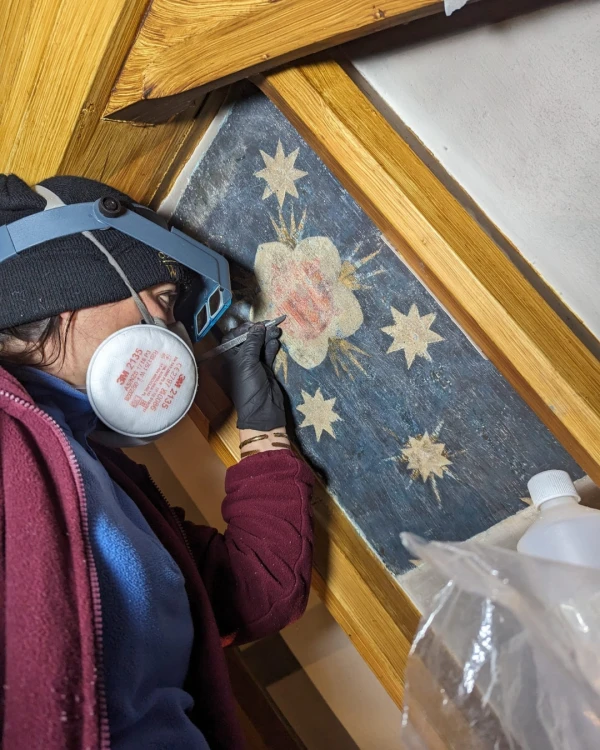 Uncovering Pugin’s original decorations in St. Barnabas Cathedral in Nottingham. Credit: Cliveden Conservation Workshop Ltd.