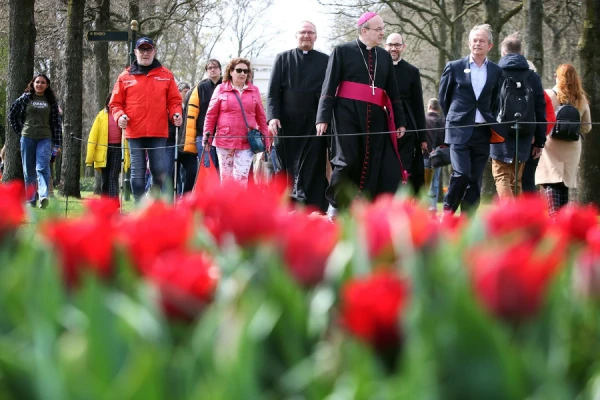 Bishop Hans van den Hende walks in Keukenhof park in Lisse, Netherlands, on April 12, 2022. Credit: Ramon Mangold/Diocese of Rotterdam