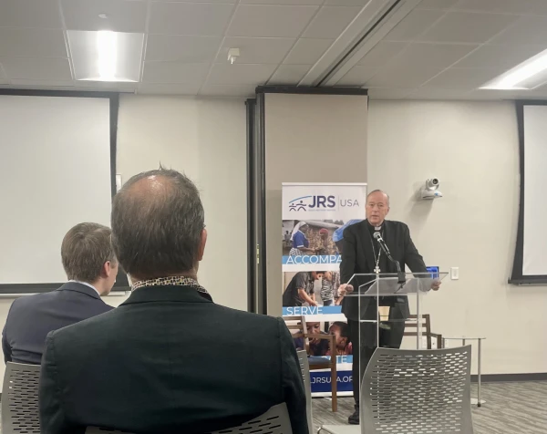 Cardinal Robert McElroy speaks at the "Catholic Social Teaching and Work with Migrants and Refugees at a Time of Uncertainty" conference on March 25, 2025. Credit: Madalaine Elhabbal/CNA