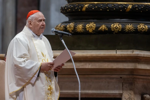 Cardinal Domenico Calcagno reads Pope Francis' homily during the chrism Mass at St. Peter's Basilica, April 17, 2025. Credit: Daniel Ibáñez/CNA