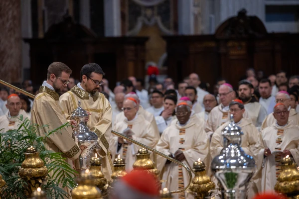 The vessels of oil to be blessed during the chrism Mass at St. Peter's Basilica, April 17, 2025. Credit: Daniel Ibáñez/CNA