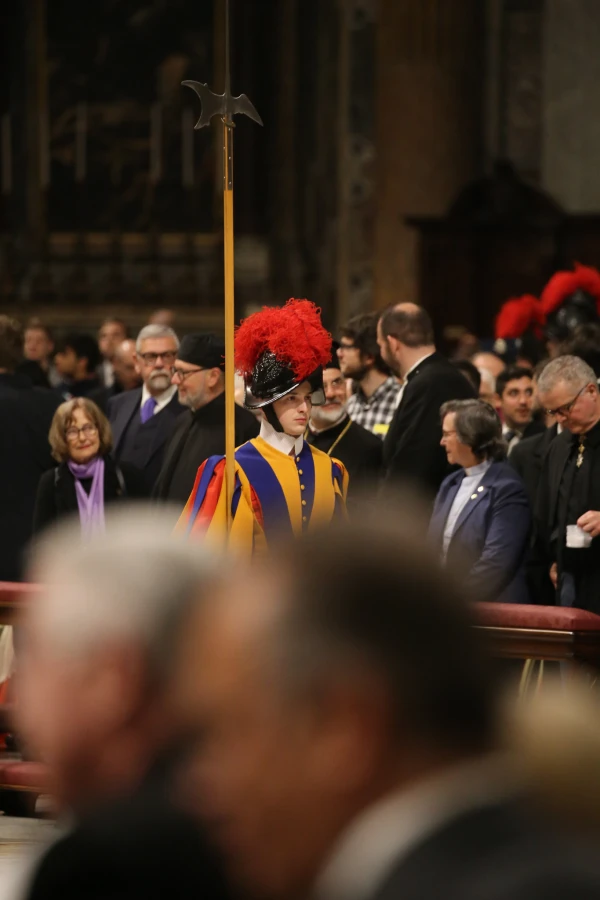 A member of the Swiss Guard is seen during the Easter Vigil at St. Peter's Basilica, Saturday, April 19, 2025. Credit: Zosia Czubak