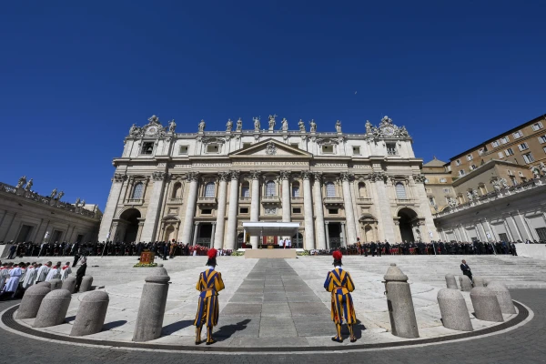 Swiss Guards stand at attention during the funeral of Pope Francis at St. Peter’s Square, Saturday, April 26, 2025. Credit: Vatican Media