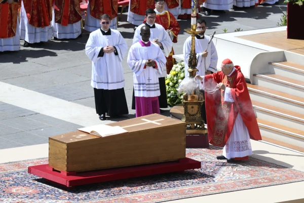 Cardinal Giovanni Battista Re incenses Pope Francis' coffin during the pontiff's funeral at St. Peter’s Square, Saturday, April 26, 2025. Credit: Vatican Media