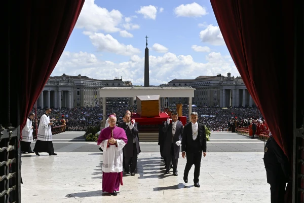 Pallbearers process into St. Peter's Basilica with Pope Francis' coffin at St. Peter’s Square, Saturday, April 26, 2025. Credit: Vatican Media
