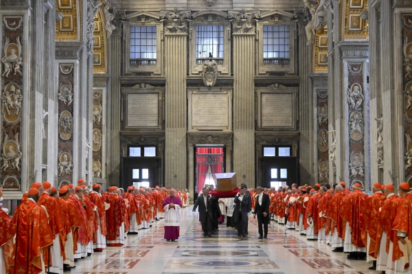 Cardinals gather as Pope Francis' coffin passes by during the pontiff's funeral at St. Peter’s Basilica, Saturday, April 26, 2025. Credit: Vatican Media
