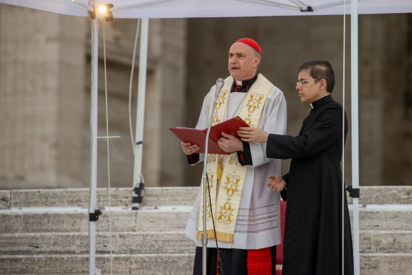Cardinal Mauro Gambetti presides at the recitation of the rosary for Pope Francis in St. Peter’s Square at the Vatican, Monday, April 21, 2025. Credit: Daniel Ibáñez/CNA