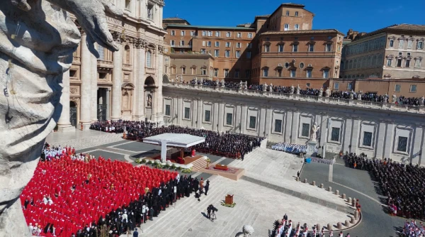 Pope Francis' coffin lies in St. Peter's Square during the papal funeral Mass on Saturday, April 26, 2025. Credit: EWTN News