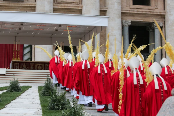 A solemn procession of cardinals and bishops carrying intricately woven palm fronds enters St. Peter's Square during Palm Sunday celebrations in Vatican City, April 13, 2025. Credit: Bénédicte Cedergren / EWTN News