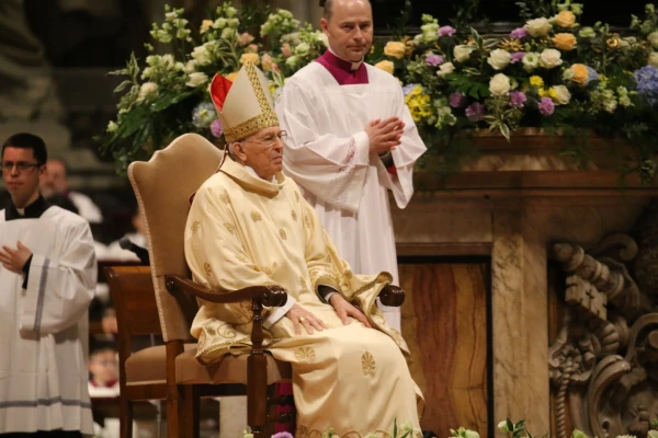 Cardinal Giovanni Battista Re is seen at the Easter Vigil Mass at St. Peter's Basilica, Saturday, April 19, 2025. Credit: Zosia Czubak