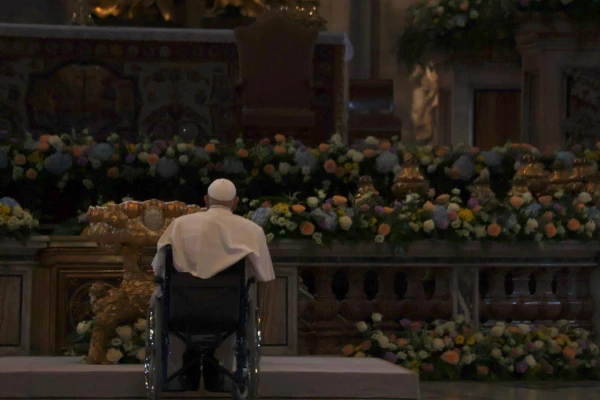 Pope Francis is seen at St. Peter's Basilica prior to the Easter Vigil Mass, Saturday, April 19, 2025. Credit: Courtesy Clara Fontan