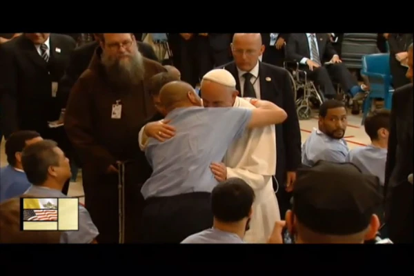 Pope Francis embraces a man at Curran-Fromhold Correction Facility in Philadelphia on Sept. 27, 2015. Credit: EWTN