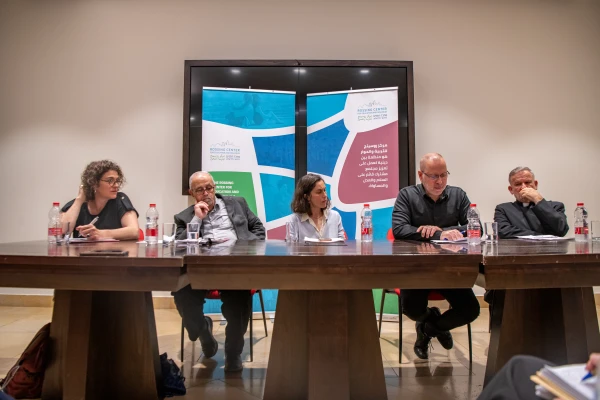 Speakers present at the briefing presenting the report “Attacks on Christians in Israel and East Jerusalem” by the Rossing Center on March 27, 2025. From left to right: Hana Bendcowsky, director of the Jerusalem Center for Jewish-Christian Relations (JCJCR) at the Rossing Center; Bernard Sabella, a retired professor of sociology; Federica Sasso (Rossing Center), moderator; Hussam Elias, executive director of the project; and Jesuit Father David Neuhaus. Credit: Marinella Bandini