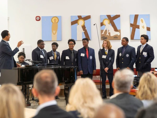 The Loyola High School pep musical group sings during the chapel blessing on April 2, 2025. Credit: Valaurian Waller/Detroit Catholic
