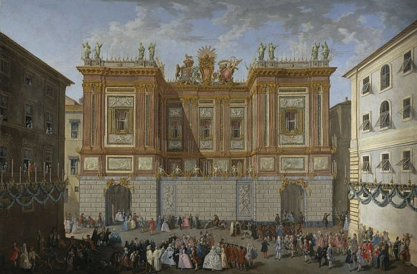 Prince James Francis Edward Stuart receives his son prince Henry in front of Palazzo Muti, Rome 1747. Credit: Paolo Monaldi, Public domain, via Wikimedia Commons