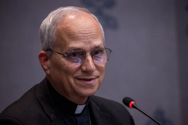 Cardinal Robert Prevost speaks to members of the media during a Synod on Synodality briefing on Oct. 23, 2024, at the Vatican. Credit: Daniel Ibañez/CNA