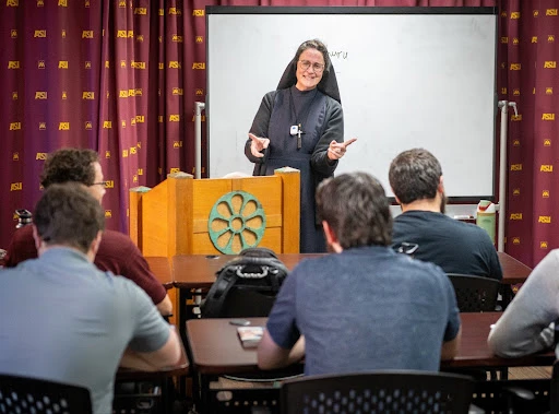 At Mary College at Arizona State University, Sister Mary Katerina Masek, a Sister of Mercy of Alma, teaches ancient and medieval philosophy. These courses are part of the philosophic education called for by the PPF (Program of Priestly Formation). Seminarians complete undergraduate degrees in philosophy and Catholic studies before moving on to graduate-level theology studies. Credit: Mike McCleary/University of Mary