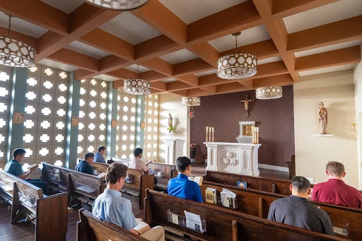 Seminarians gather in the chapel at the Nazareth House for the Liturgy of the Hours and Mass. Credit: Mike McCleary/University of Mary