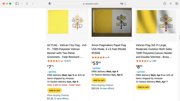 A screenshot shows Vatican flags with the incorrect design, possibly drawn from Wikipedia, for sale in April 2025. Credit: Amazon/screenshot