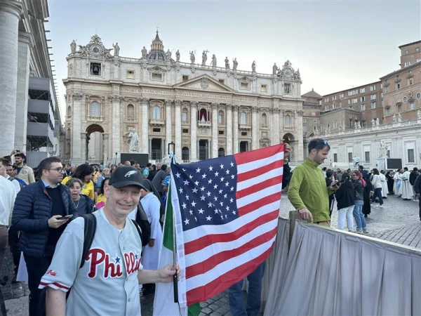 John Stadeno, a Villanova University graduate from Philadelphia, stood front and center during the announcement of the 267th pontiff, Pope Leo XIV, on May 8, 2025, in St. Peter’s Square. Credit: Courtney Mares/CNA