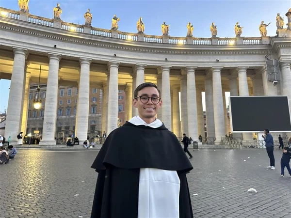 Brother Benedict Mary Bartsch, OP, a 29-year-old Dominican from Hawaii studying at the Pontifical Academy of St. Thomas Aquinas in Rome — where the Pope Leo XIV is also an alumnus — expressed his awe at witnessing the announcement of the first U.S.-born pope firsthand on May 8, 2025, in St. Peter’s Square. Credit: Courtney Mares/CNA