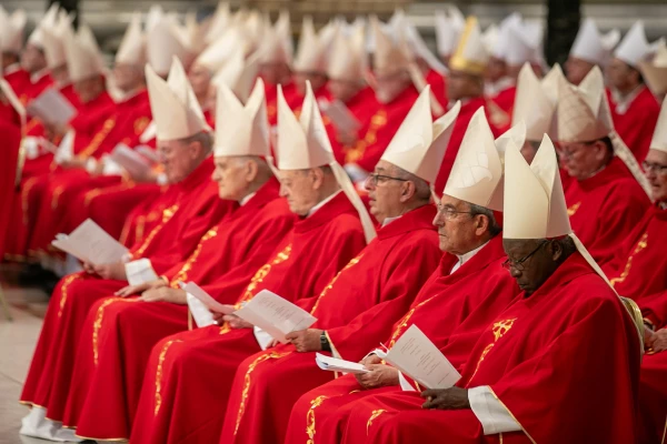 Cardinals celebrate the sixth Novendiales Mass for Pope Francis on May 1, 2025, in St. Peter’s Basilica at the Vatican. Credit: Daniel Ibañez/CNA