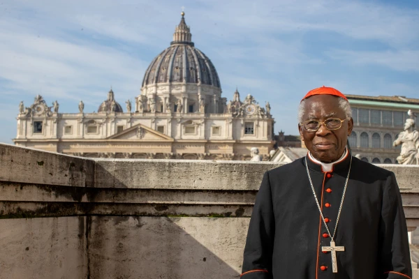 Cardinal Francis Arinze stands before St. Peter's Basilica on Thursday, Feb. 20, 2025. Credit: Daniel Ibáñez/CNA