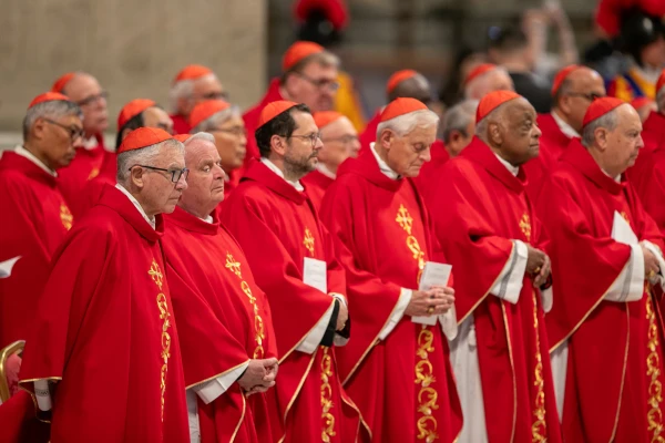 Cardinals participate in the fifth Novendiales Mass for Pope Francis on April 30, 2025, in St. Peter’s Basilica at the Vatican. Credit: Daniel Ibañez/CNA
