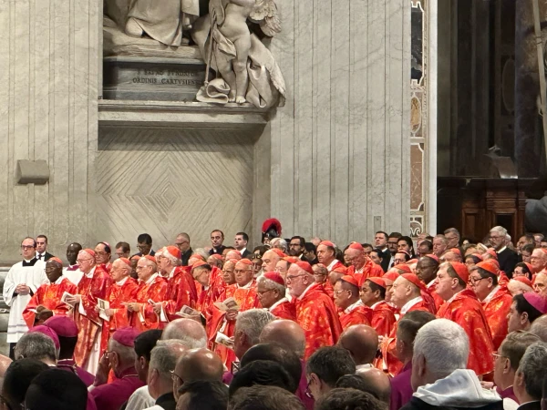 Cardinal electors in their distinctive red vestments gathering for Mass for the election of the Supreme Pontiff at St. Peter's Basilica on May 7. Courtney Mares / CNA