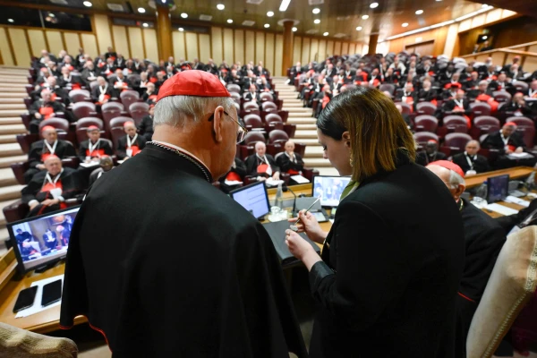 Cardinal Kevin Farrell and the College of Cardinals witness the cancellation of papal fisherman’s ring and lead seal of Pope Francis on Tuesday, May 6, 2025, in the New Synod Hall at the Vatican. Credit: Vatican Media