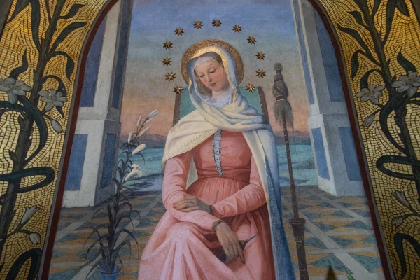 The unique fresco of Our Lady, known by the title “Mater Admirabilis,” is still preserved in the chapel of Mater Admirabilis. Today, visitors can access it through the entrance to the Instituto del Sacro Cuore, just to the left of the church of Santissima Trinità dei Monti. Credit: Daniel Ibanez/CNA