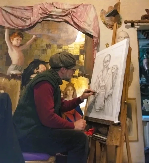 Artist Neemat Badwi writes the St. Ignatius of Antioch icon in Aleppo, Syria. Credit: Neemat Badwi