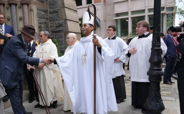 Washington Auxiliary Bishop Roy Campbell greets first responders after the annual Blue Mass on Tuesday May 6, 2025, at St. Patrick Catholic Church in Washington, D.C. Credit: Madalaine Elhabbal/CNA