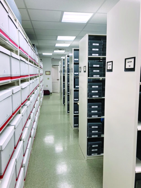 Files rest in the current archives space for the Sisters of the Precious Blood, a member congregation of WRAC. The future heritage center will include a 16,000-square-foot secure, temperature-controlled vault with mobile shelving that will be able to house over 75 collections from women religious congregations. Credit: Courtesy of the Women Religious Archives Collaborative