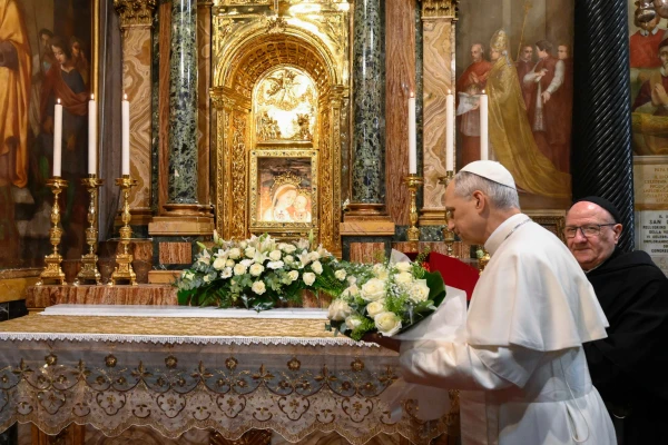 Pope Leo XIV visits the Shrine of the Mother of Good Counsel in Genazzano, Italy, Saturday, May 10, 2025. Credit: Vatican Media