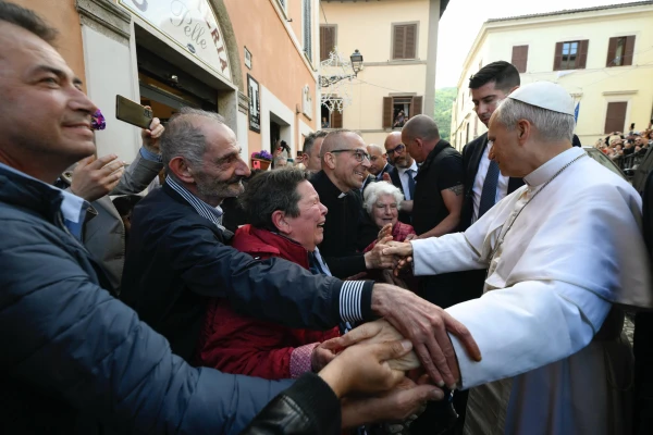 Pope Leo XIV greets the faithful at the Shrine of the Mother of Good Counsel in Genazzano, Italy, Saturday, May 10, 2025. Credit: Vatican Media