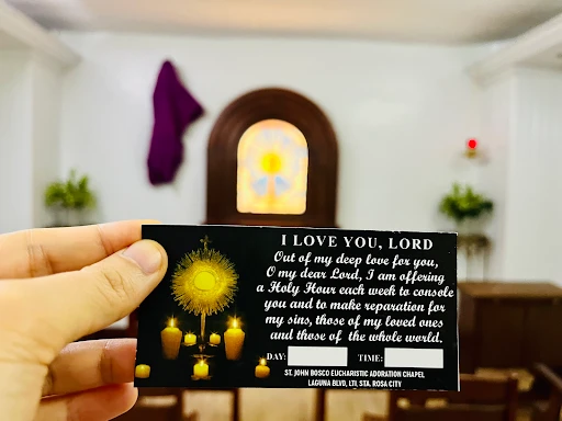 A Holy Hour Pledge card from St. John Bosco Parish and Center for Young Workers in Santa Rosa, Laguna, Philippines. Credit: Valerie Joy Escalona