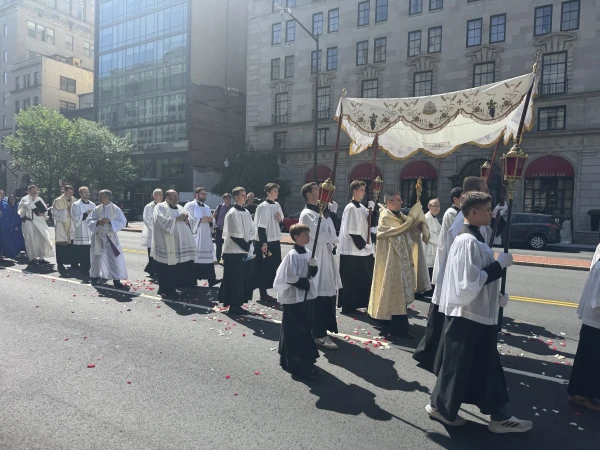 The Blessed Sacrament is held aloft during a Eucharistic procession through Washington, D.C., Saturday, May 17, 2025. Credit: Tessa Gervasini/CNA