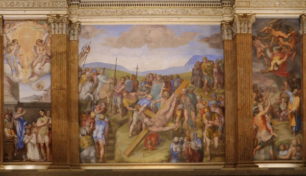 The Crucifixion of St. Peter, painted by Michelangelo, in the Pauline Chapel of the Apostolic Palace. Credit: Sailko/Wikimedia Commons