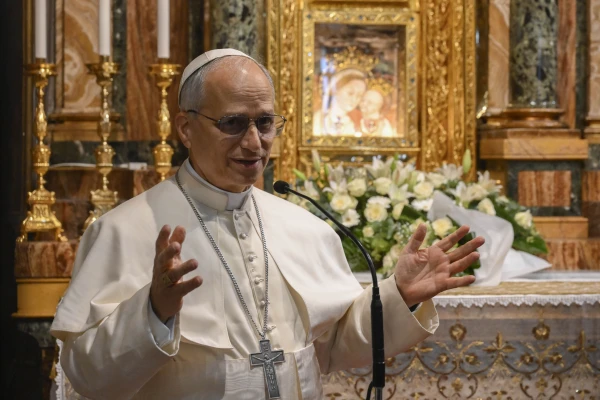 Pope Leo XIV speaks in front of the famous icon at the Shrine of the Mother of Good Counsel in Genazzano, Italy, on Saturday, May 10, 2025. Credit: Vatican Media