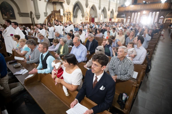 A full church participates in the liturgy launching the St. Katharine Drexel Route of the National Eucharistic Pilgrimage in downtown Indianapolis. May 18, 2025. Credit: Jeffrey Bruno