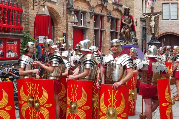 Romans Roman legionaries surround the sculpture of "Ecce homo," which is normally venerated in the Basilica of the Holy Blood. May 28, 2025. Credit: Thomas P. Reiter