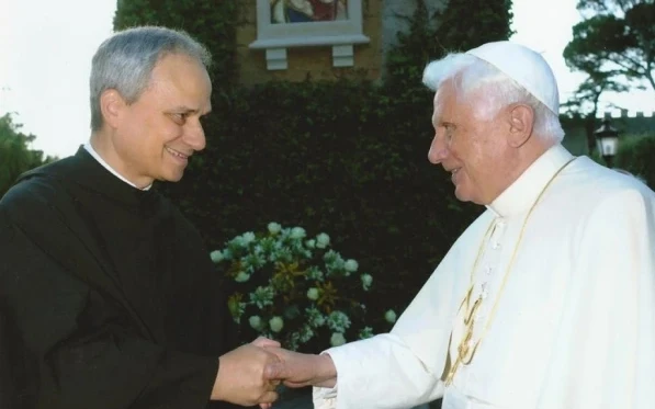 Pope Benedict XVI greets the future Pope Leo XIV in the Vatican Gardens. Credit: Courtesy of the Augustinian Midwest Province (USA). Our Mother of Good Counsel.