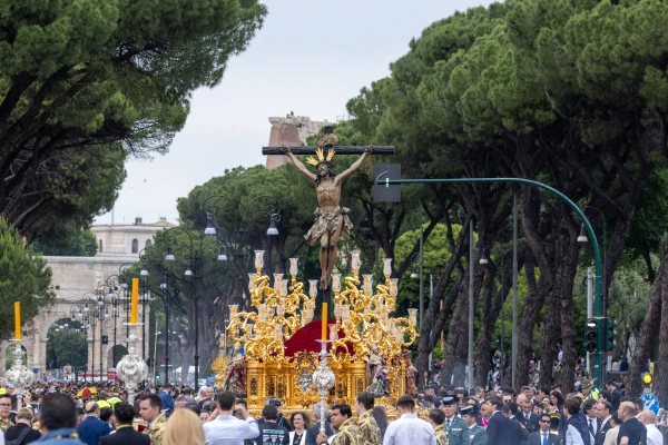 A towering crucifix is displayed during the grand procession of the Jubilee of Confraternities in Rome, Saturday, May 17, 2025. Credit: Daniel Ibáñez/CNA