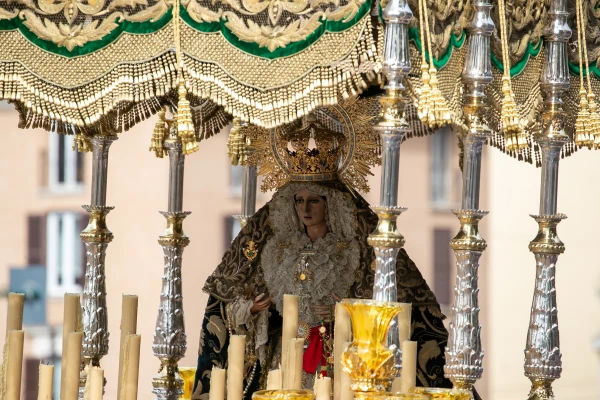 Statuary is displayed during the grand procession of the Jubilee of Confraternities in Rome, Saturday, May 17, 2025. Credit: Daniel Ibáñez/CNA